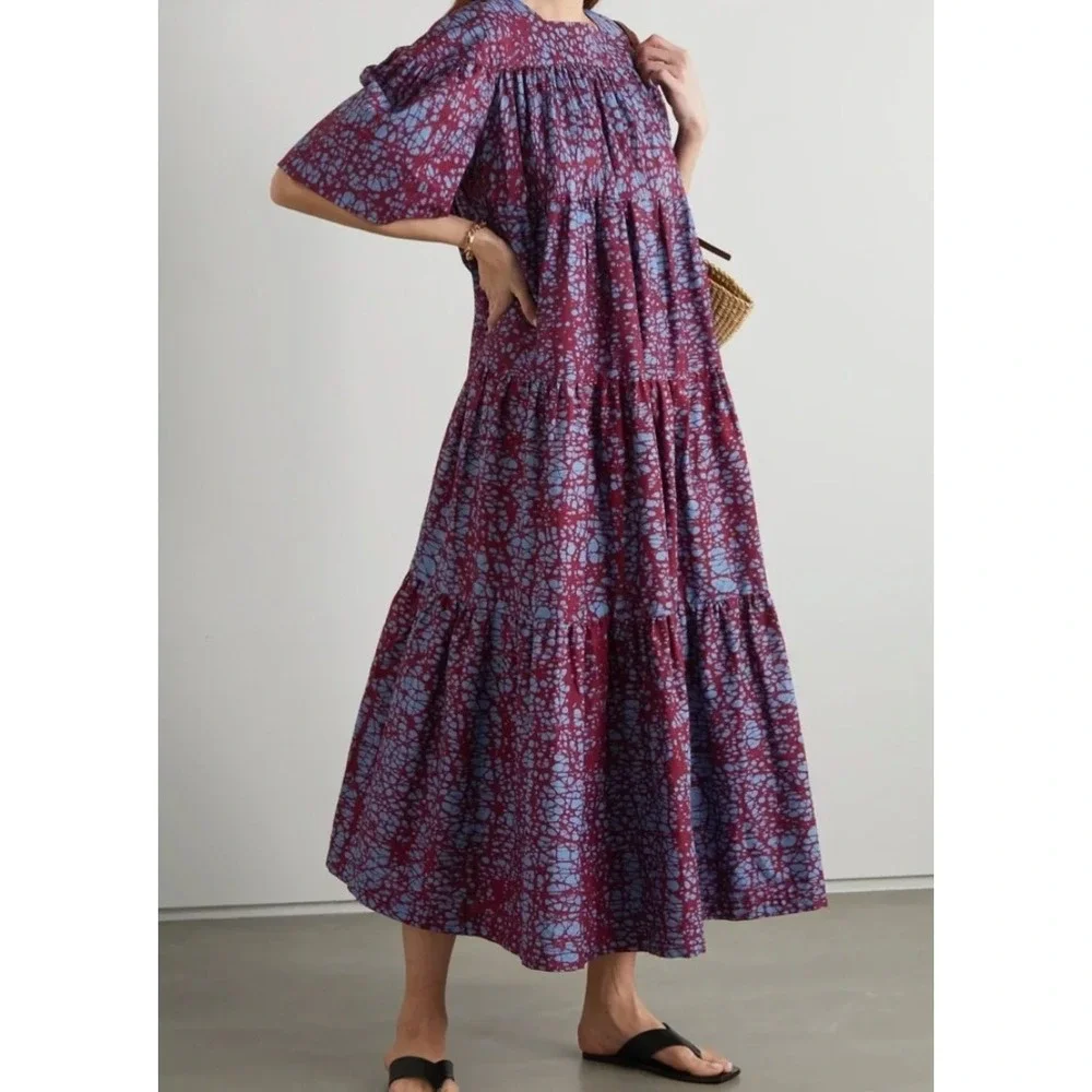 ODILE JACOBS Flounce Dress One Size Puff Sleeve Kaftan 100% Cotton